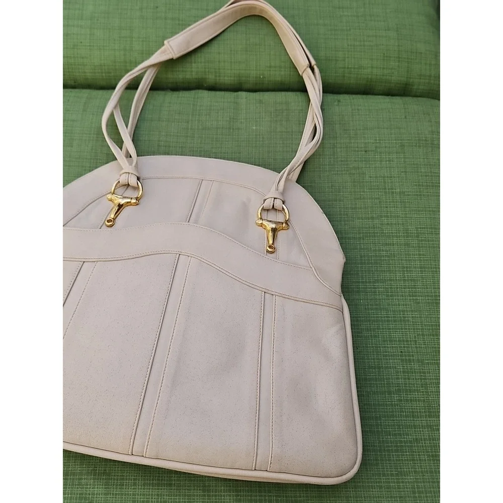 Lou Taylor Purse Italy Leather HORSE BIT Swivel Mirror Miami Vintage Cream Ivory